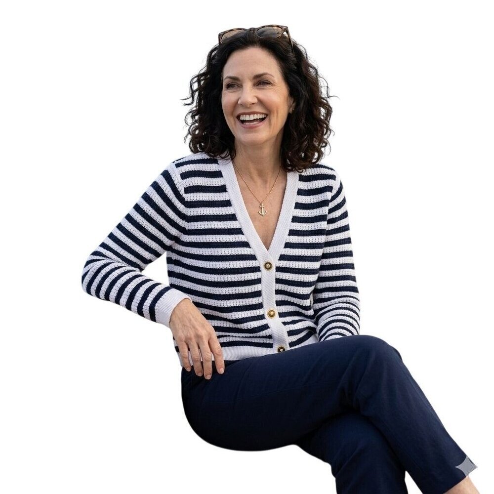 J.Crew NWT Striped Knit Ornate Button-Front Cardigan Sweater Navy Size L